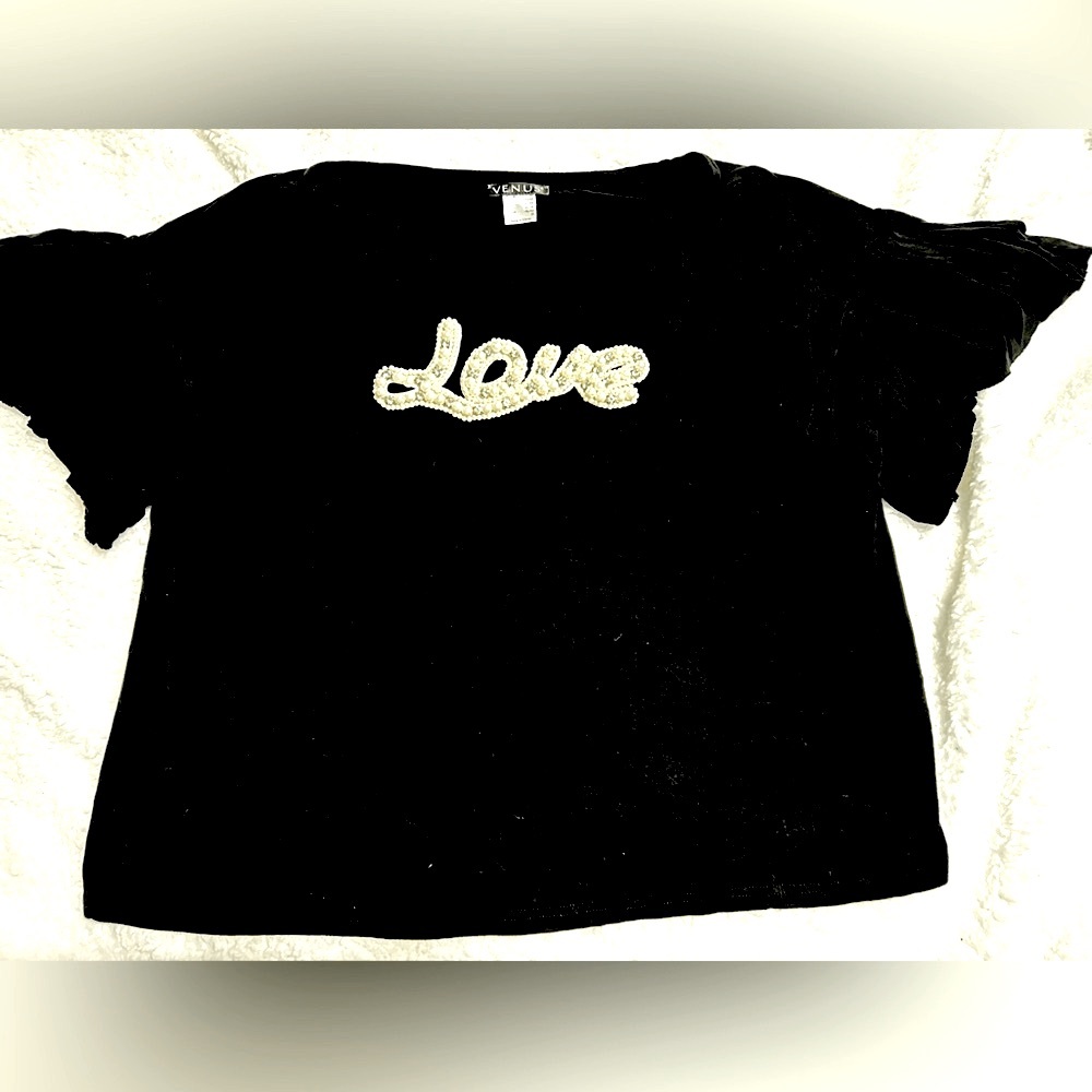 VENUS Black Cap Sleeve  Tee with LOVE Embellishments